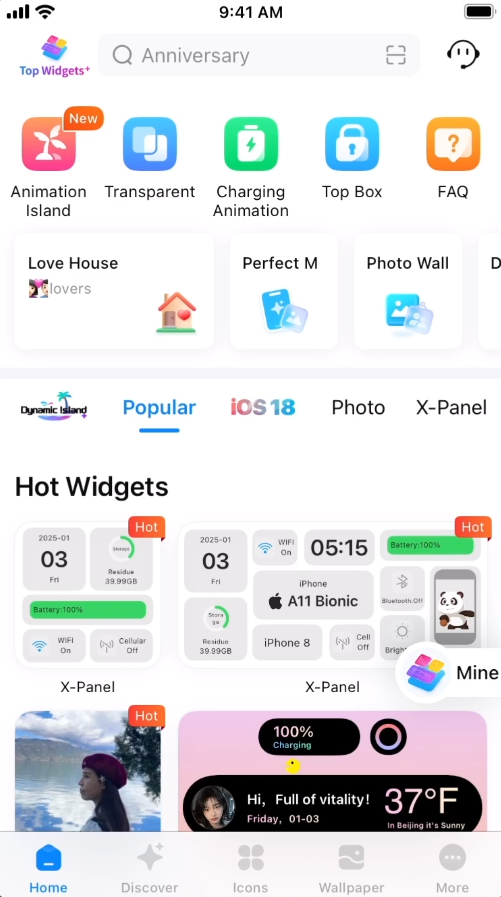 The main screen of the Top Widgets app